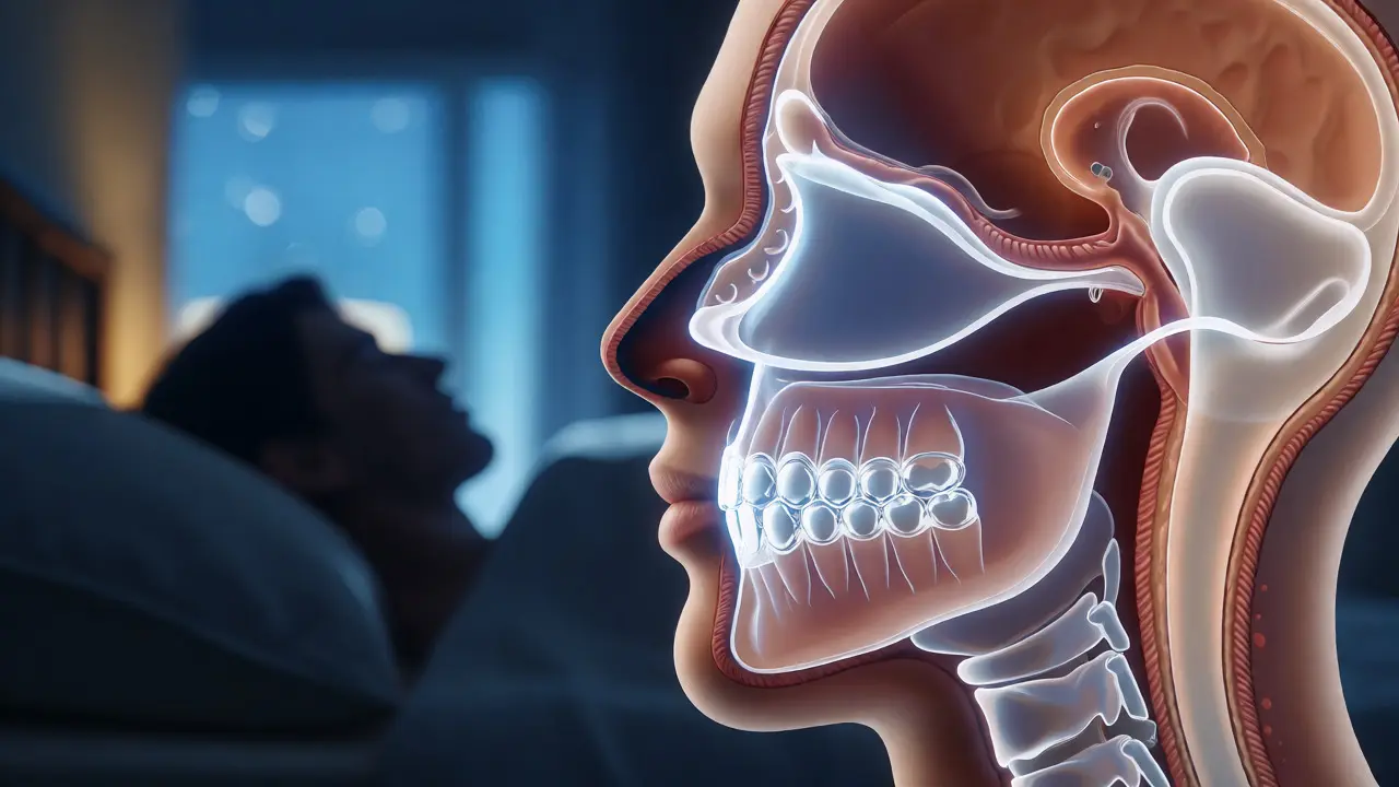 Anatomický řez hlavou znázorňující otevřené dýchací cesty díky rovnátkům