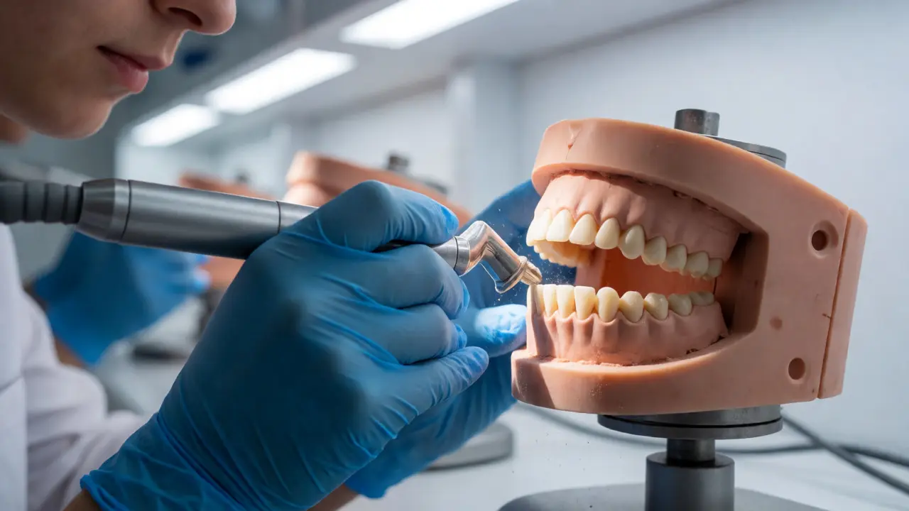 Detailní záběr na zubního studenta pracujícího s nástrojem na fantomu