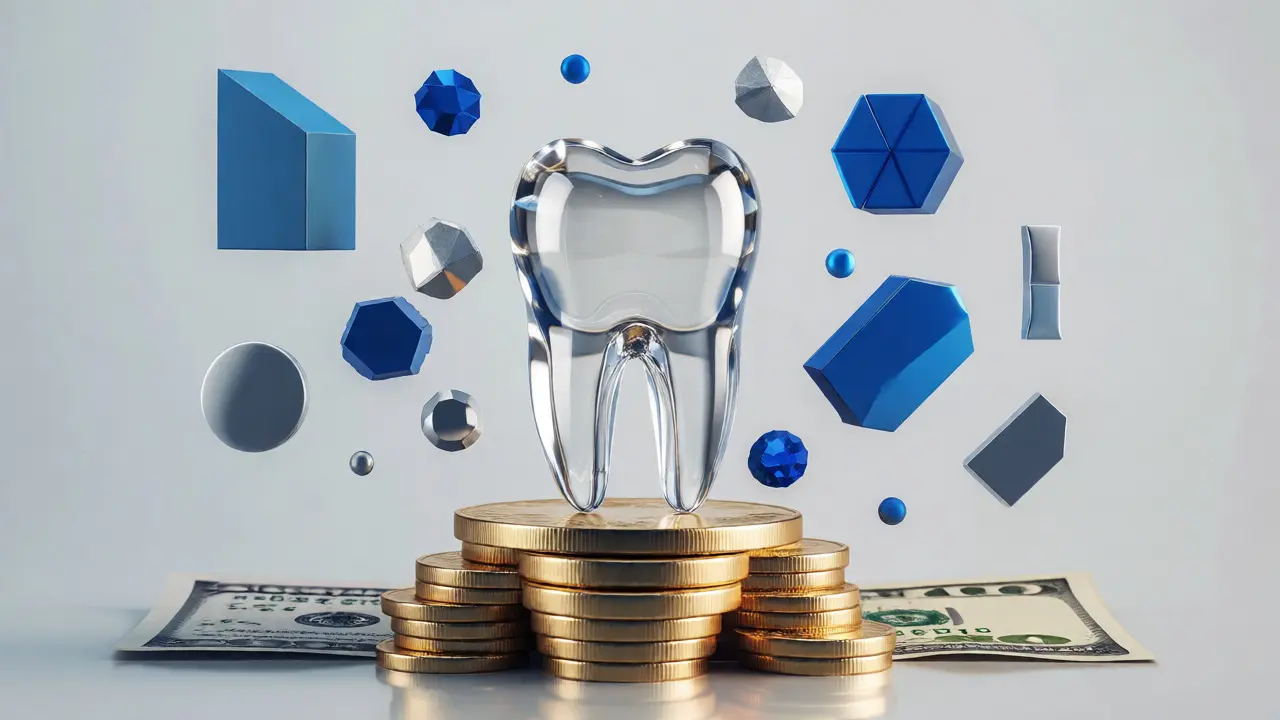 Konceptuální ilustrace zubu obklopeného mincemi symbolizující financování.