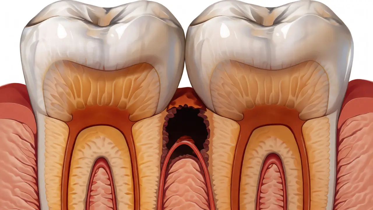 Řez zuby ukazující podsklovinový kaz šířící se v dentinu mezi zuby