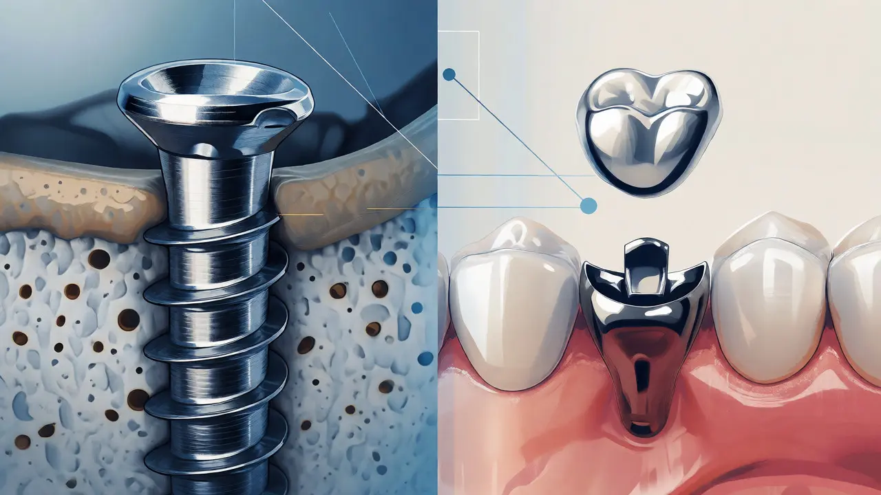 Vizuální porovnání zubního implantátu a nasazovacího zubu