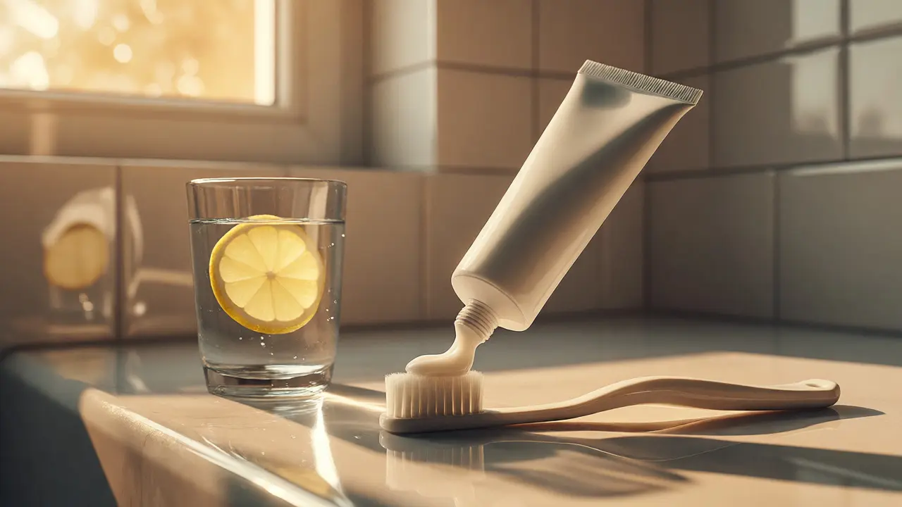 Zubní pasta na měkkém kartáčku vedle sklenice vody s citronem