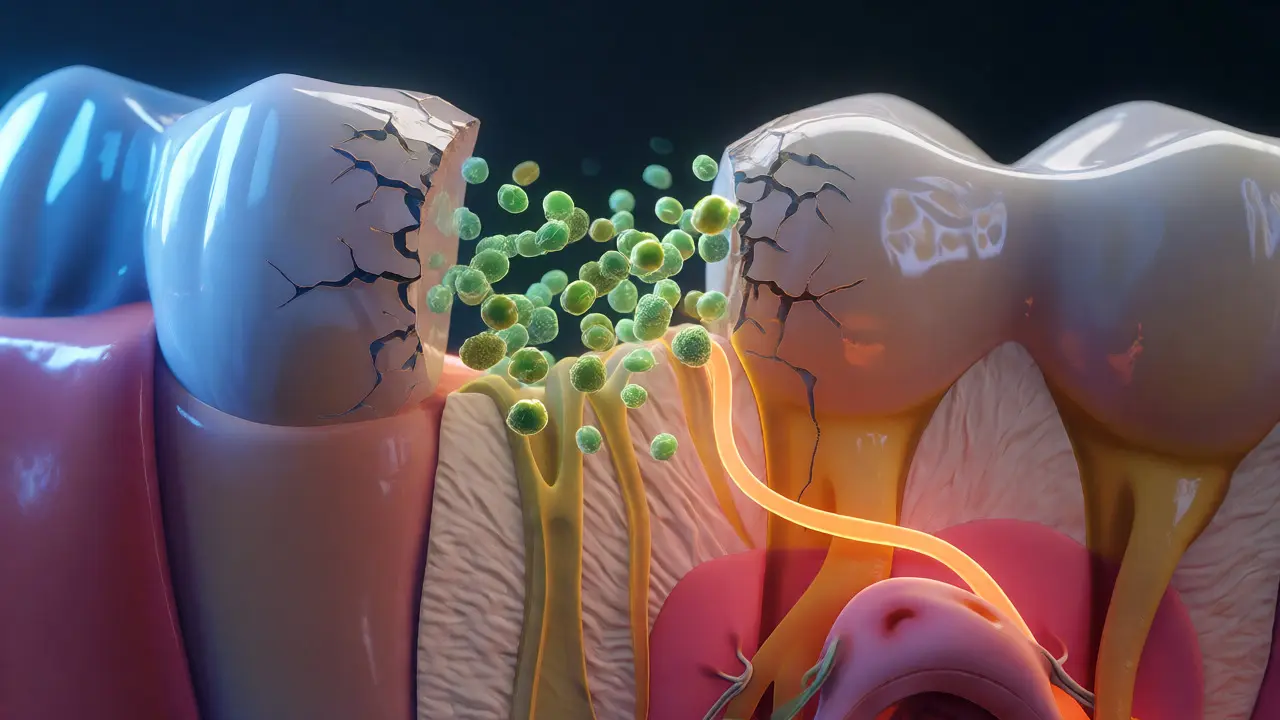 3D vizualizace průniku bakterií trhlinou zubu do nervové tkáně