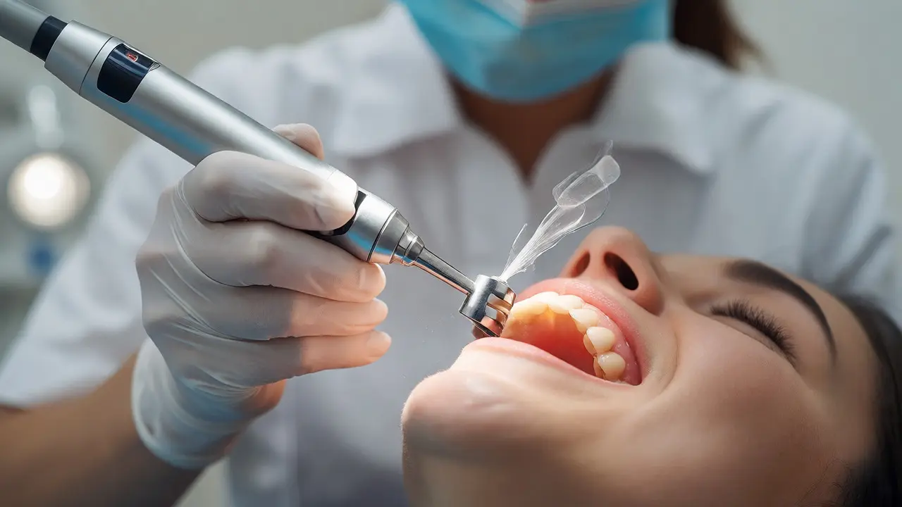Dentální hygienistka odstraňuje zubní kámen ultrazvukem