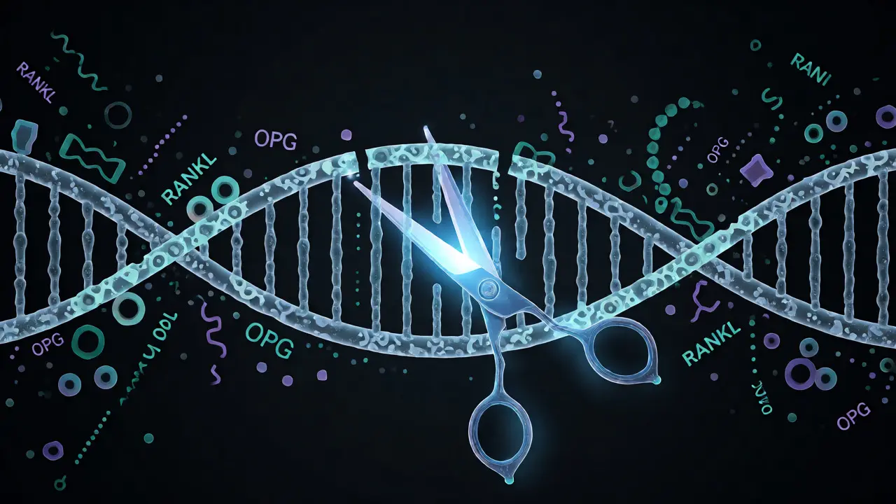 Grafická ilustrace editace DNA pomocí CRISPR v kontextu zubního vývoje.