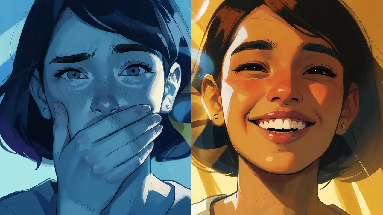 Konceptuální ilustrace přechodu od nejistoty k sebevědomému úsměvu s diastémou