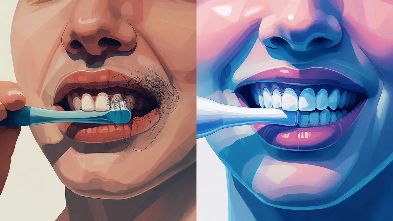 Konceptuální ilustrace rozdílu v čištění zubů oběma metodami