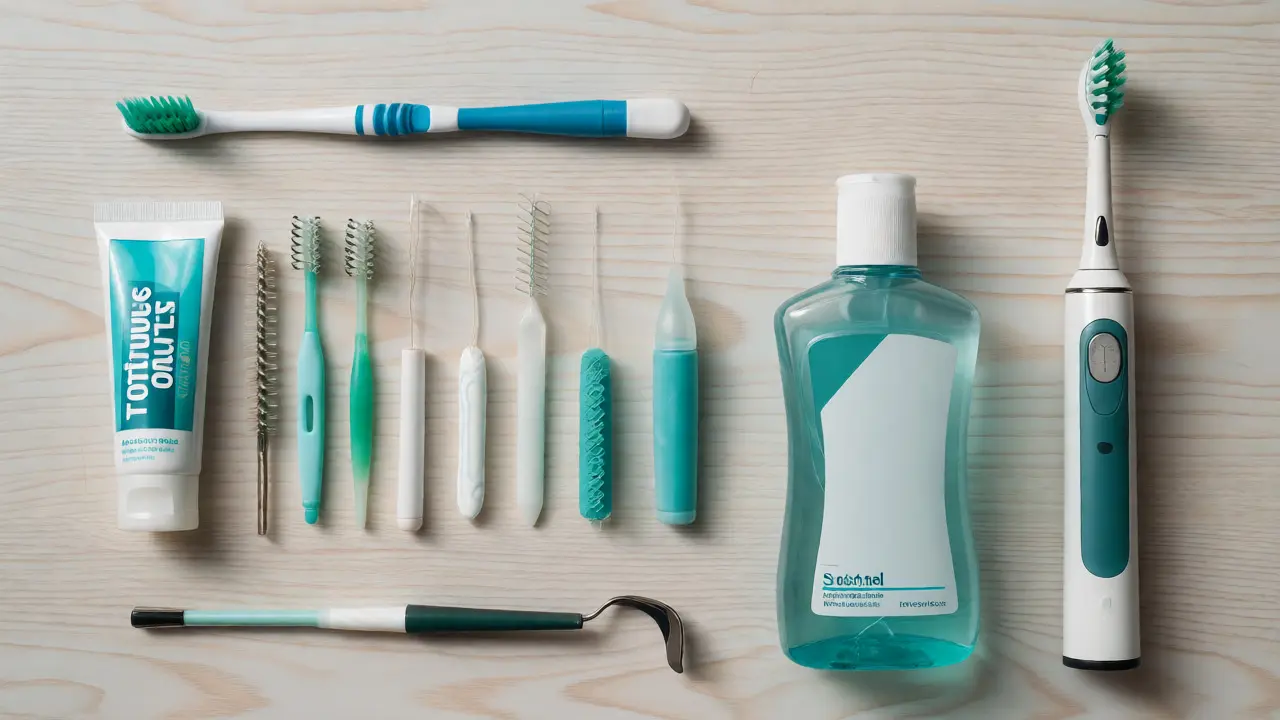 Sestava základních nástrojů dentální hygieny na stole