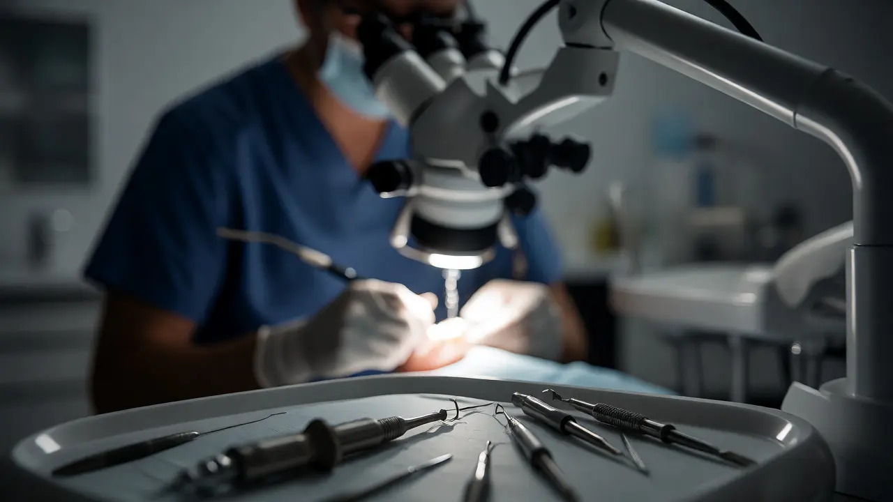Zubař používá mikroskop při endodontickém ošetření